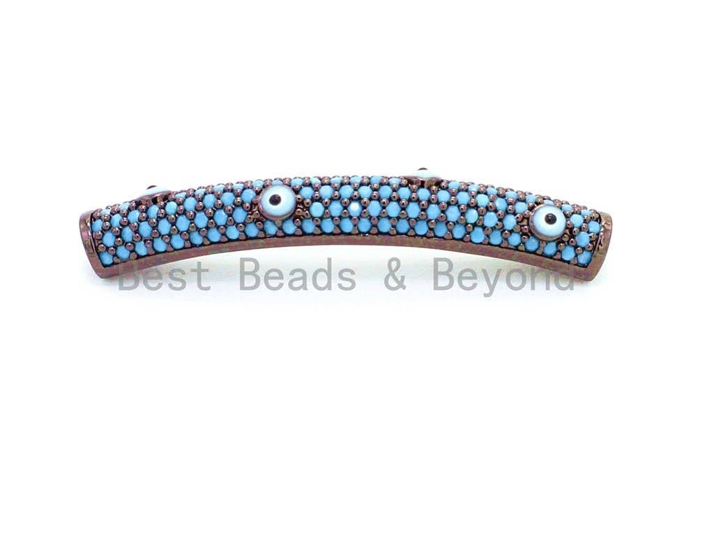 CZ Micro Pave Turquoise Eye Curve Tube, Spacer Tube for 2mm Leather Cord Finding, 37x5mm, sku#E33C