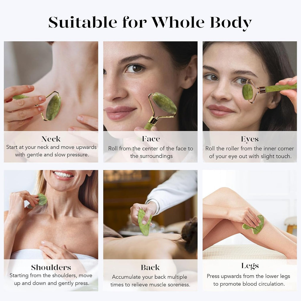 BAIMEI Icyme Gua Sha & Jade Roller Facial Tools Face Roller and Gua Sha Set for Puffiness and Redness Reducing Skin Care Routine, Self Care for Men Women - Green