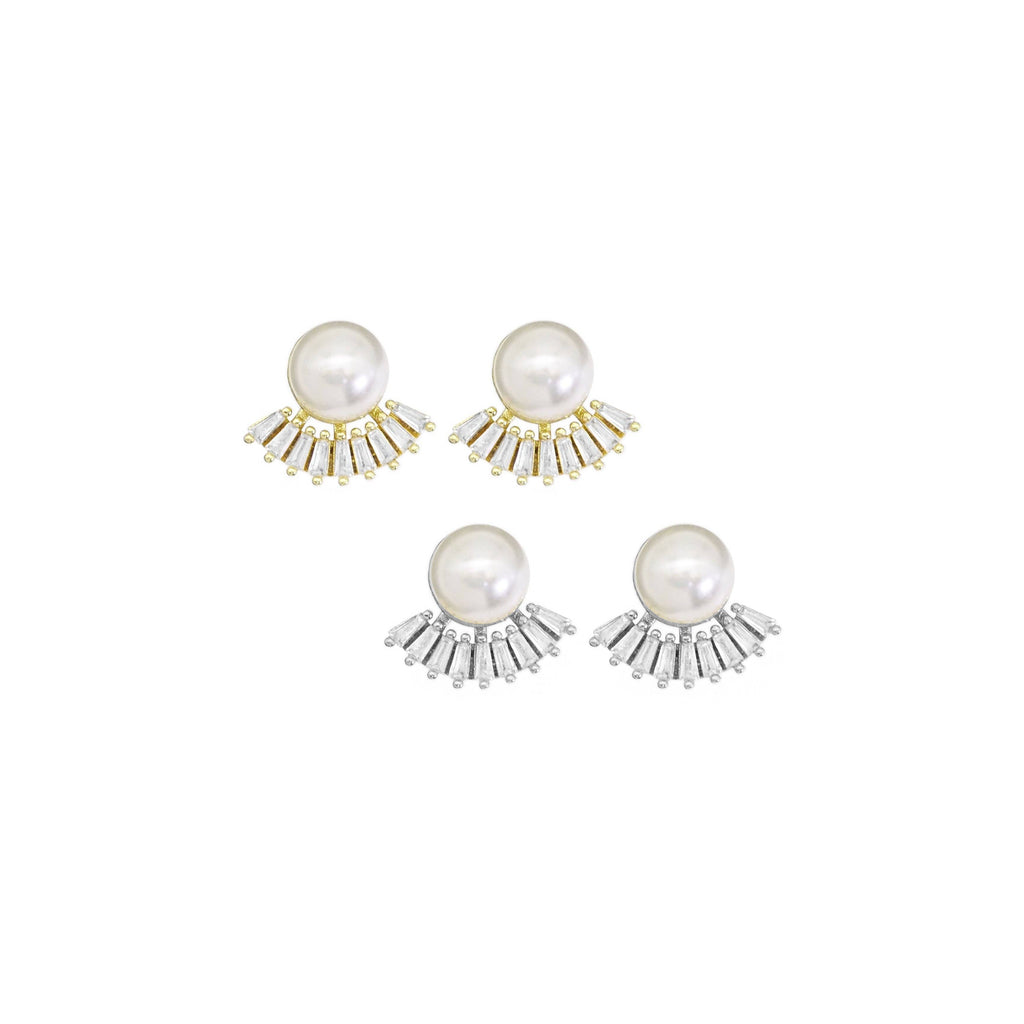 Gold Silver Pearl Baguette CZ Stud Earrings, Sku#LD476
