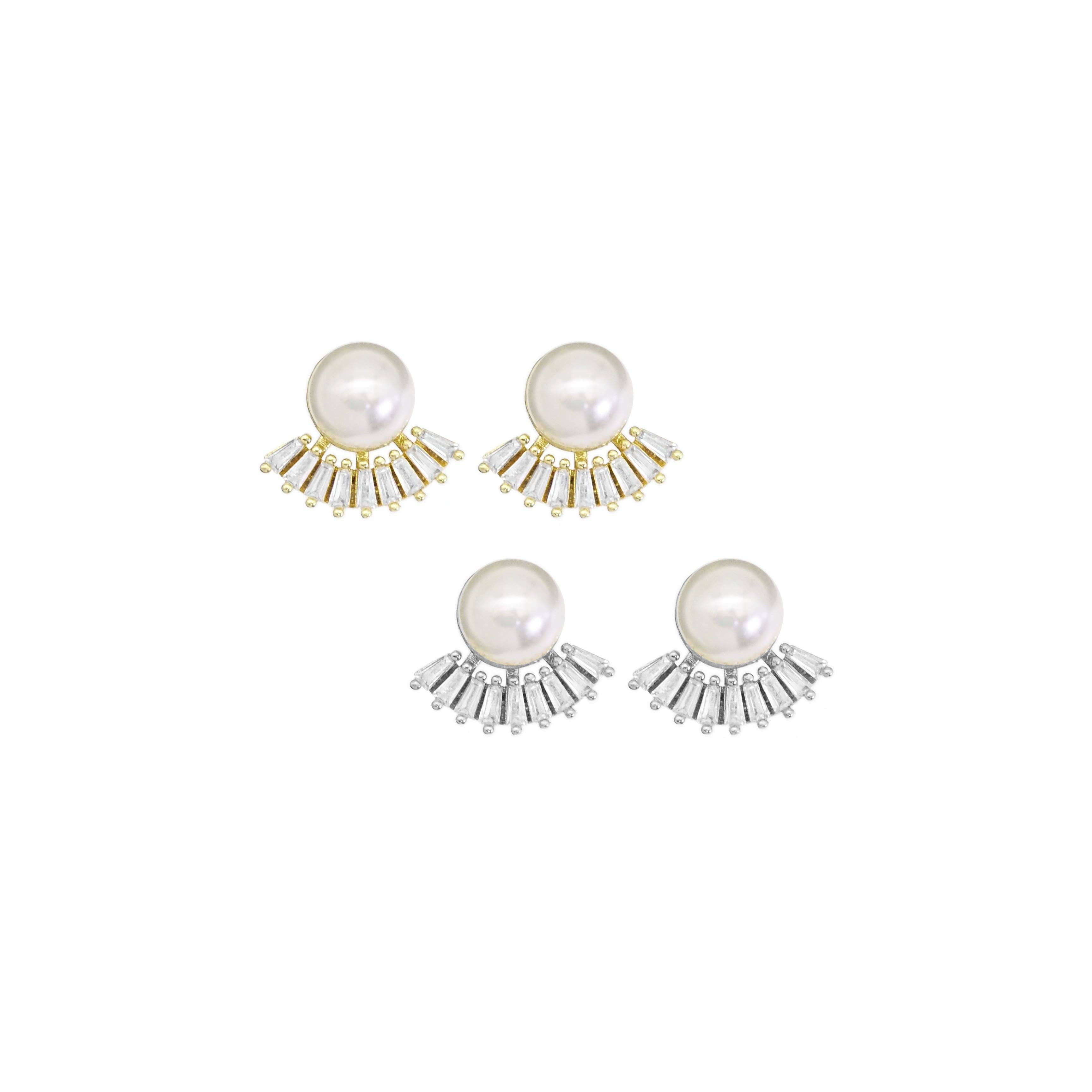 Gold Silver Pearl Baguette CZ Stud Earrings, Sku#LD476