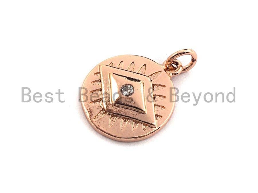 CZ Micro Pave Round Evil Eye on Disc Pendant/Charm, Lucky eye Cubic Zirconia Pendant, Silver/Gold/Rose Gold/Black Tone, 15x18mm, Sku#Z382