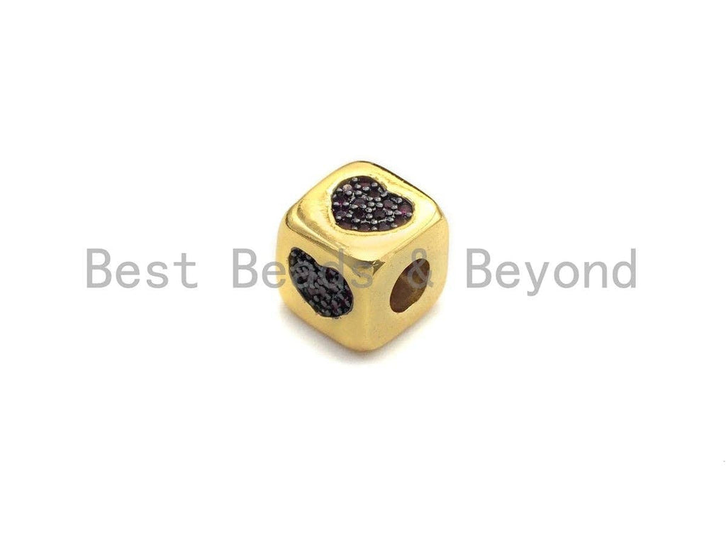 Fuchsia  CZ Micro Pave Heart Cube Spacer Beads, Cubic Zirconia Cube Spacer Beads, 24k Gold Tone, 8.5mm,sku#Z865