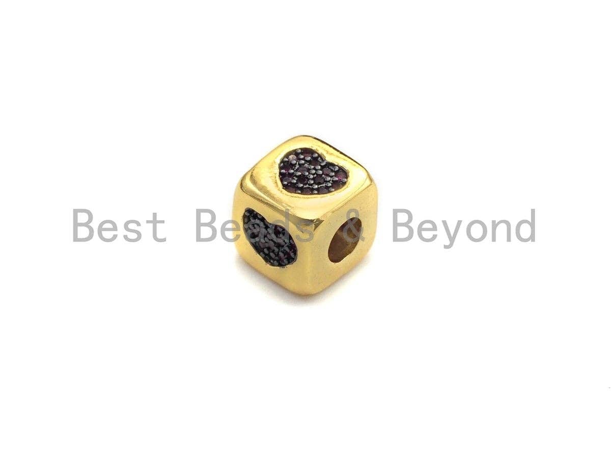 Fuchsia  CZ Micro Pave Heart Cube Spacer Beads, Cubic Zirconia Cube Spacer Beads, 24k Gold Tone, 8.5mm,sku#Z865