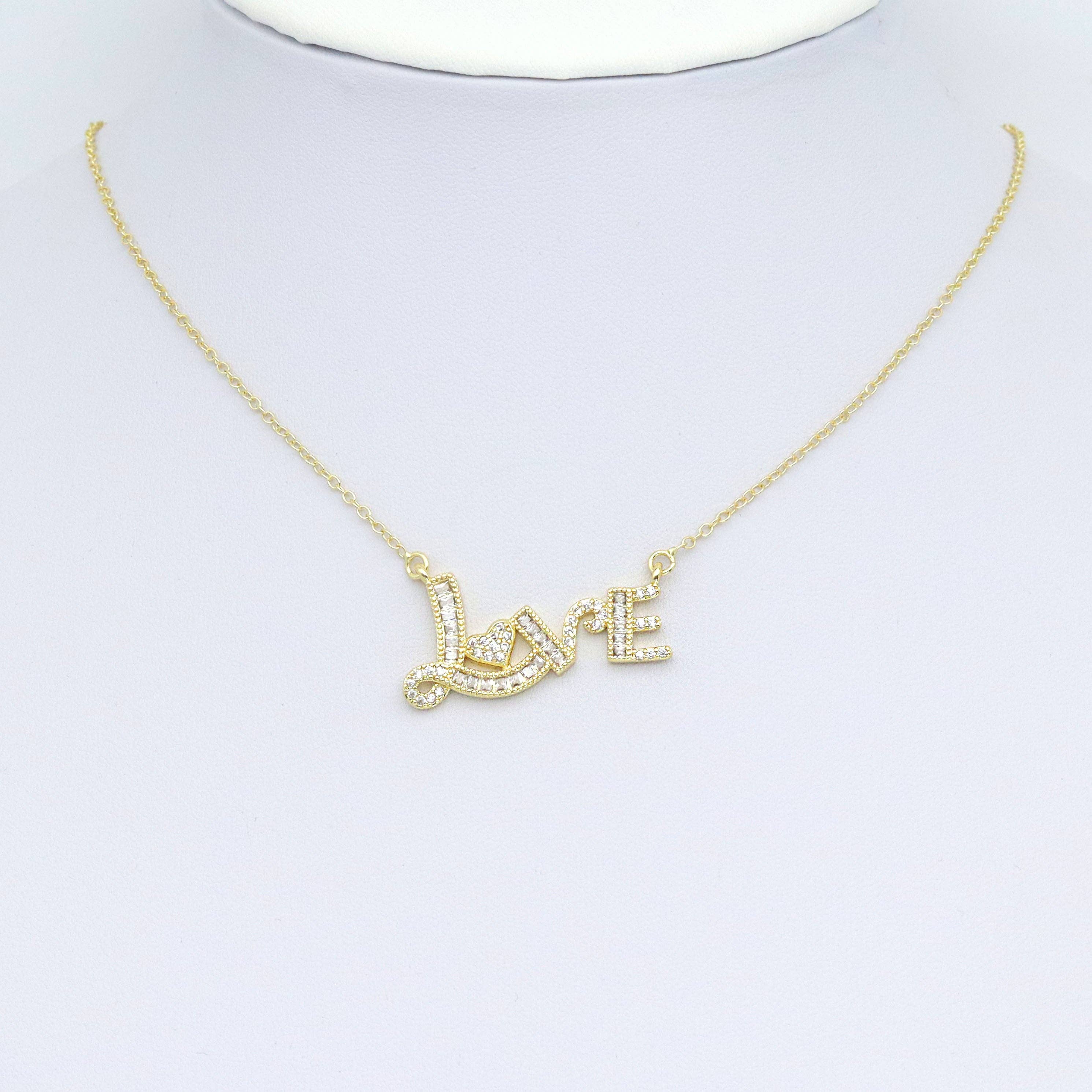 Gold Clear Baguette CZ Love Charm Pendant, Sku#LK962