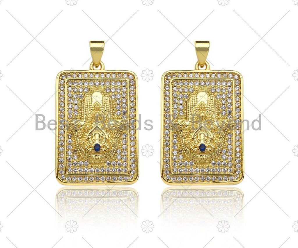 CZ Micro Pave Hamsa Hand On Rectangle Shape Pendant/Charm,Cubic Zirconia Medallion Charm, Necklace Bracelet Charm Pendant,18x28mm, Sku#LK219