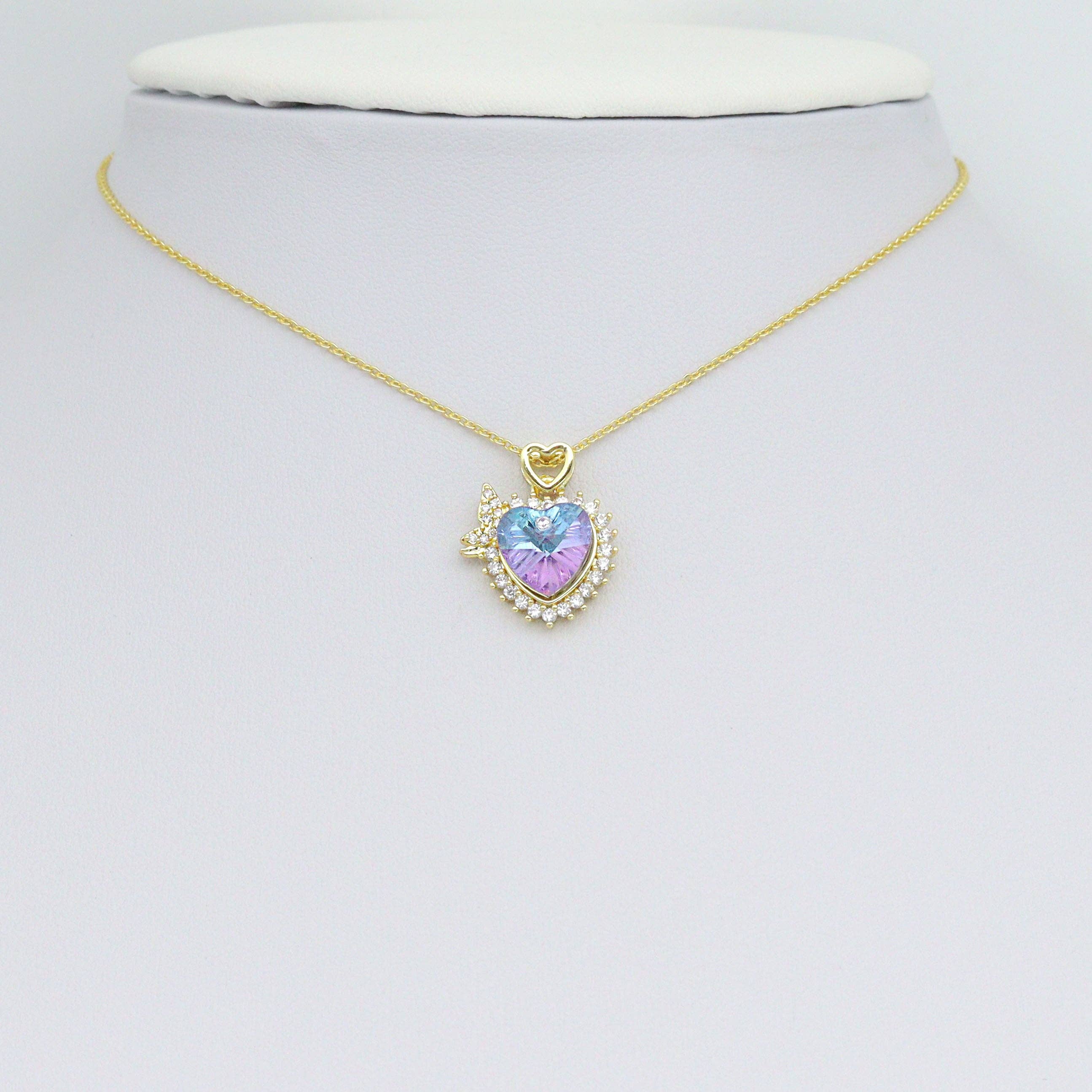 Purple Clear Blue Butterfly Heart CZ Gold Charm Pendant, Sku#LK1089