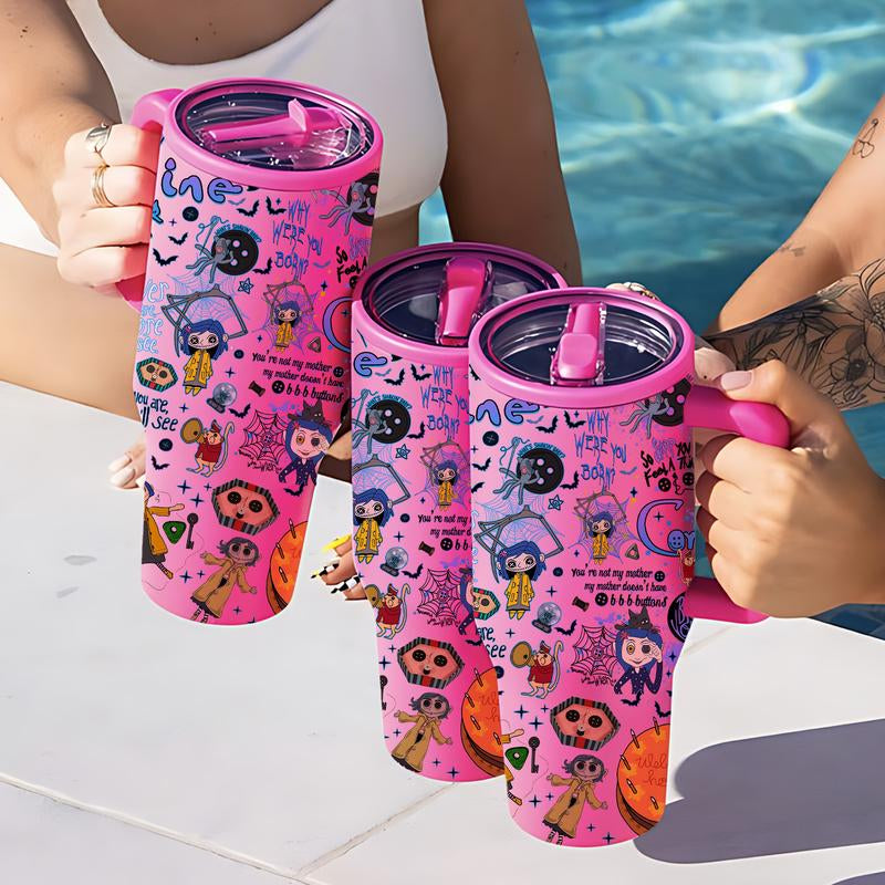 1Pc 40Oz Stainless Steel Tumbler with Lid and Straw, Coraline Dark Fantasy Cartoon Style, Vacuum Insulated Thermal Cup, Keep Hot 12H / Cold 24H, Creepy Cute Travel Mug for Movie Fans, Unique Gift for Horror Aesthetic Lovers and Animation Enthusiasts