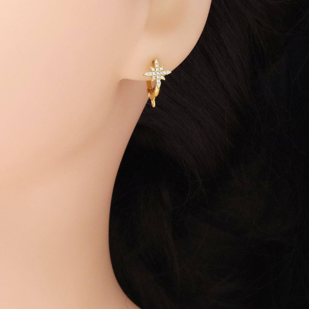 CZ Gold North Star Huggie Earrings, Sku#ZX179