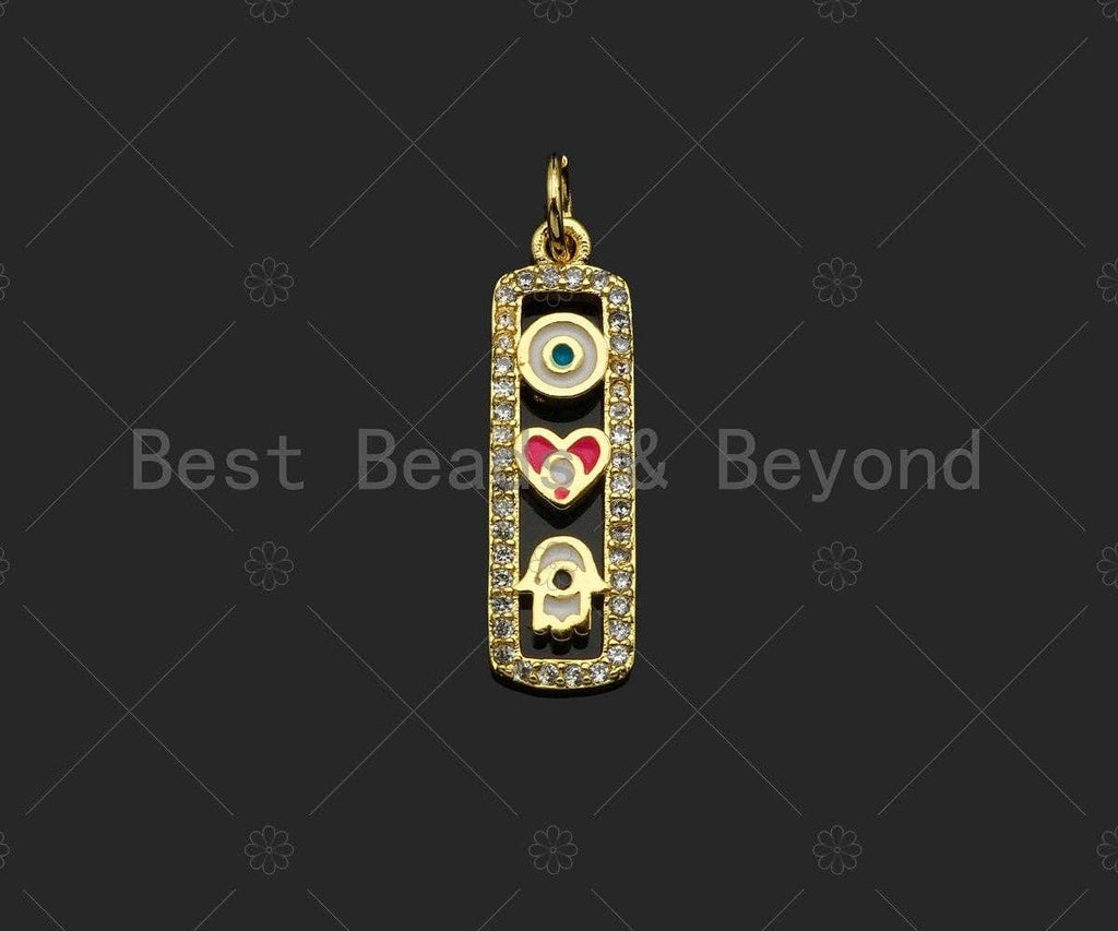 CZ Micro Pave Enamel Heart Evil Eye Hamsa Hand On Rectangle Shape Pendant,Cubic Zirconia Gold Charm,Necklace Bracelet Charm,7x22mm,Sku#Z1302