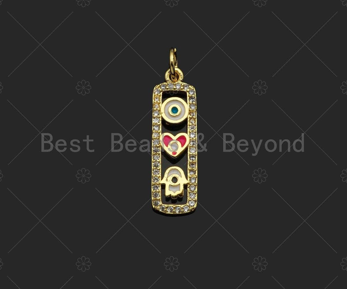 CZ Micro Pave Enamel Heart Evil Eye Hamsa Hand On Rectangle Shape Pendant,Cubic Zirconia Gold Charm,Necklace Bracelet Charm,7x22mm,Sku#Z1302