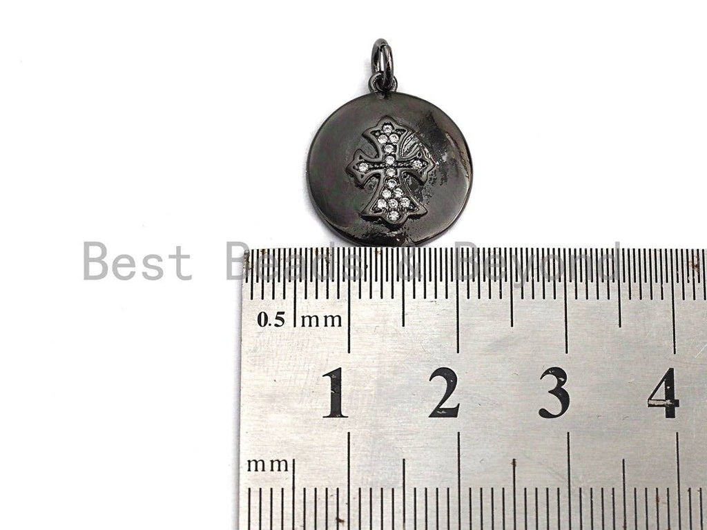 CZ Micro Pave Cross Coin Pendant,Jesus Cubic Zirconia Pendant,Silver/Gold/Rose Gold/Black Tone,16x18mm,Sku#Z428