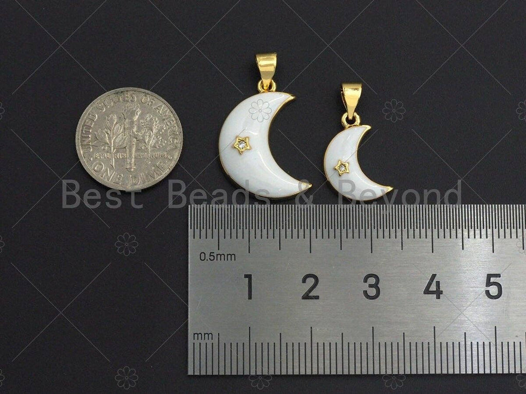 18K Gold CZ Micro Pave Enamel Moon with Star Charm, Black/White/Red/Blue Moon Charm, 10x16mm/14x21mm, sku#LK36