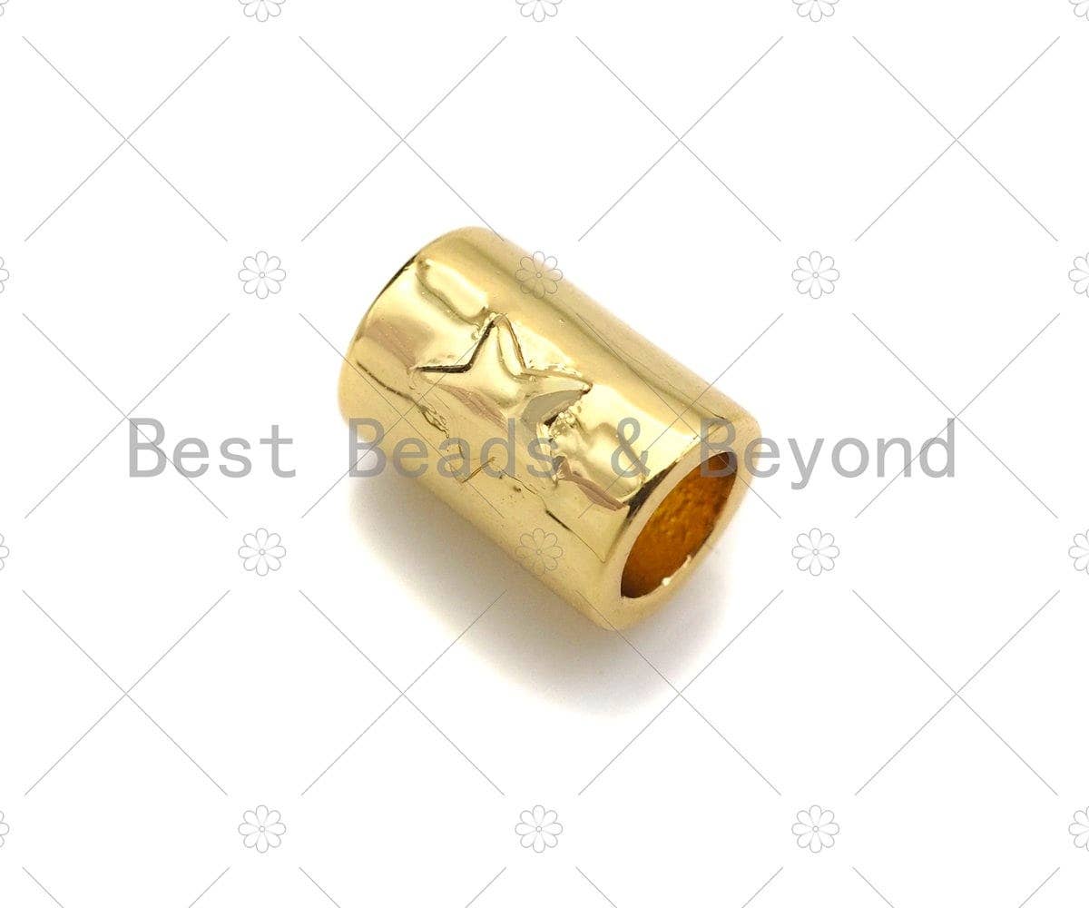 18K Gold High Polished Star On Tube Spacer Beads, Large Hole Tube Spacer Beads, Men's Jewelry Findings, Bracelet Beads, 9x7mm, Sku#Y387