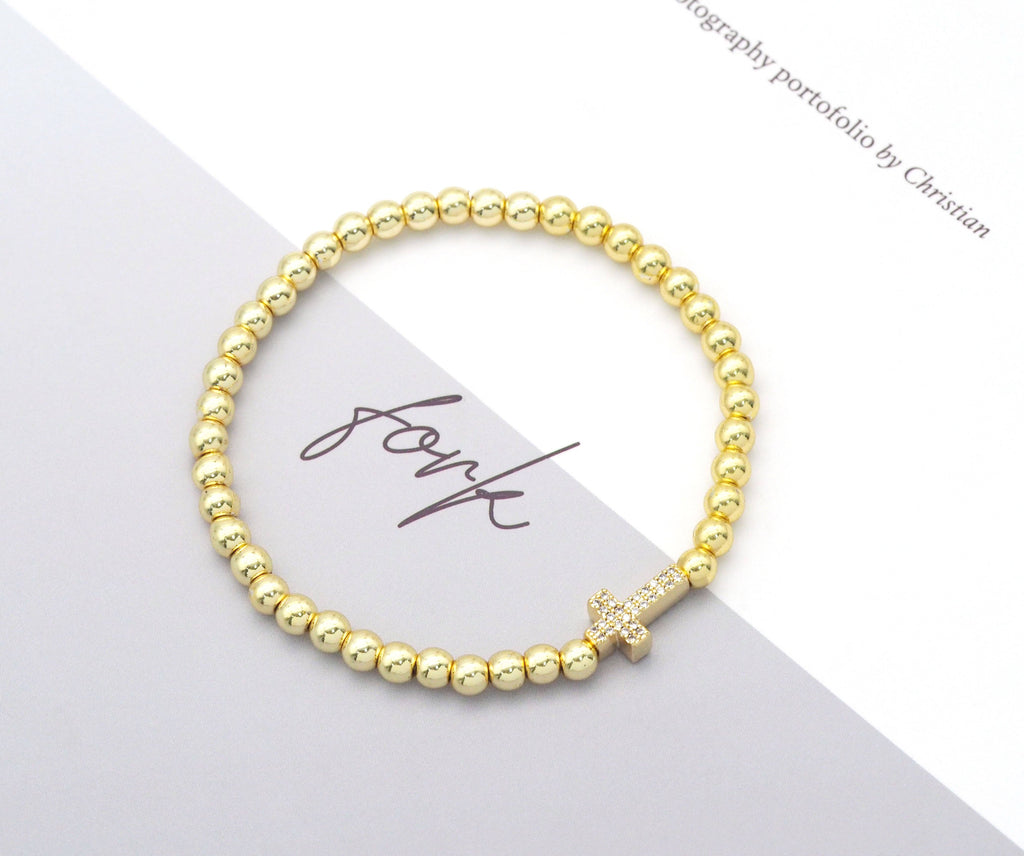 CZ Gold Cross Hematite Beads Bracelet, Sku#EF225