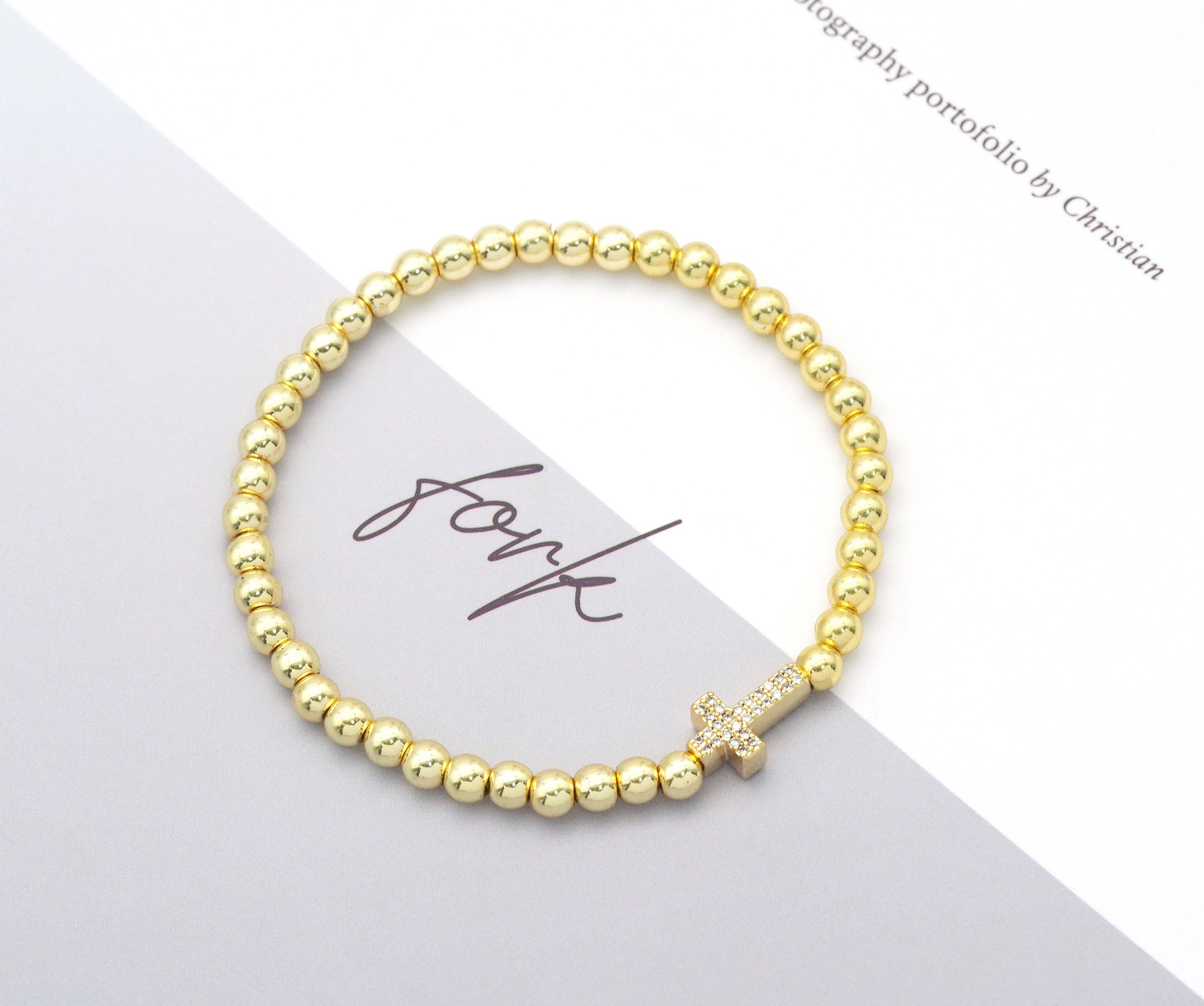 CZ Gold Cross Hematite Beads Bracelet, Sku#EF225