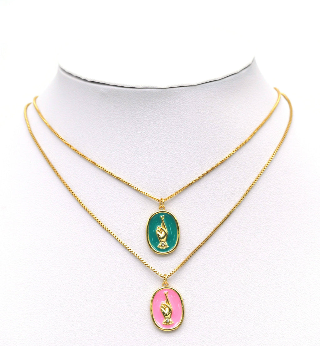 CZ Enamel Hand On Oval Pendant, Sku#Z1432