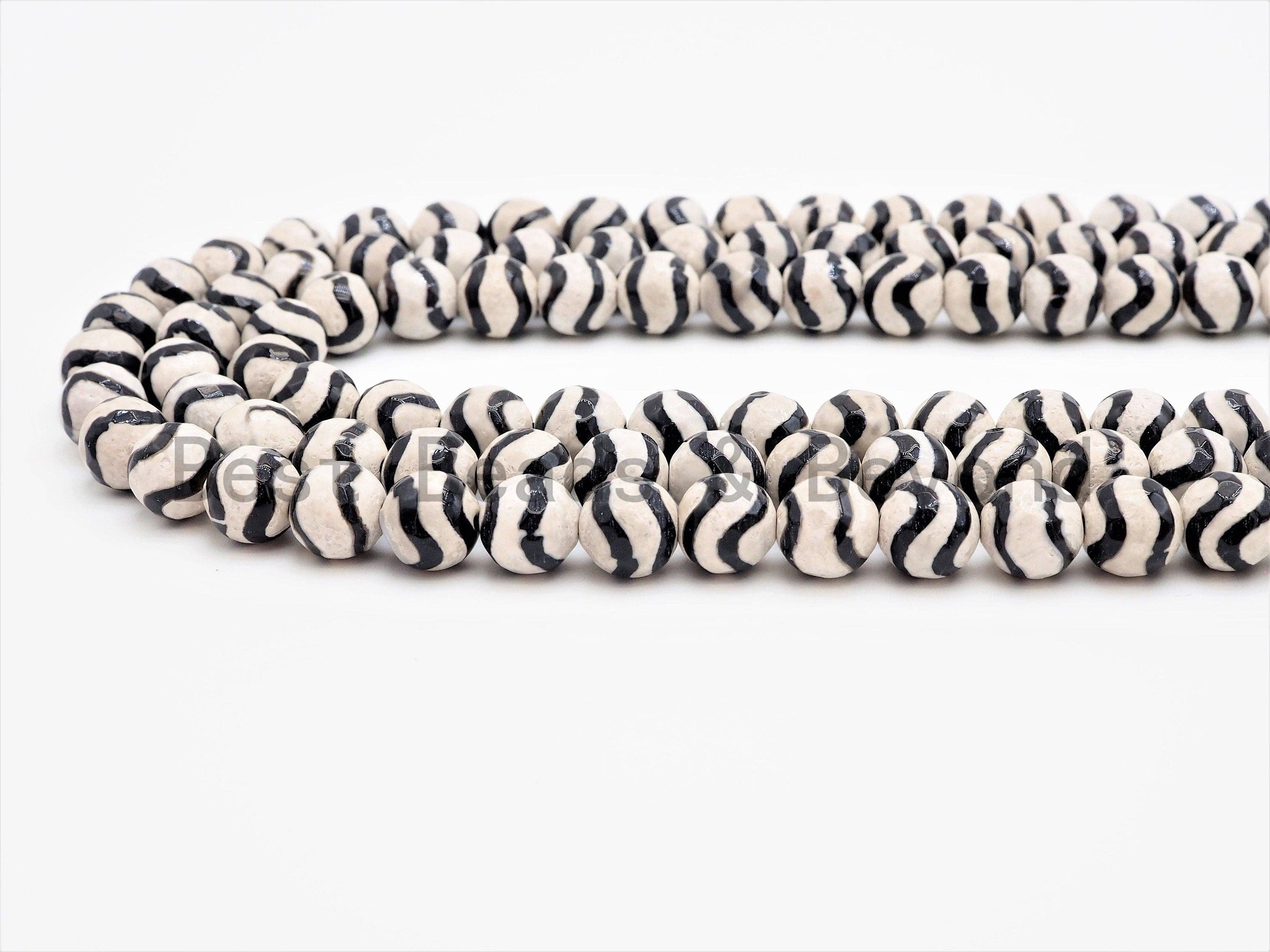 Dzi Black Band Faceted Round Beads,  Zebra Striped Tibetan A