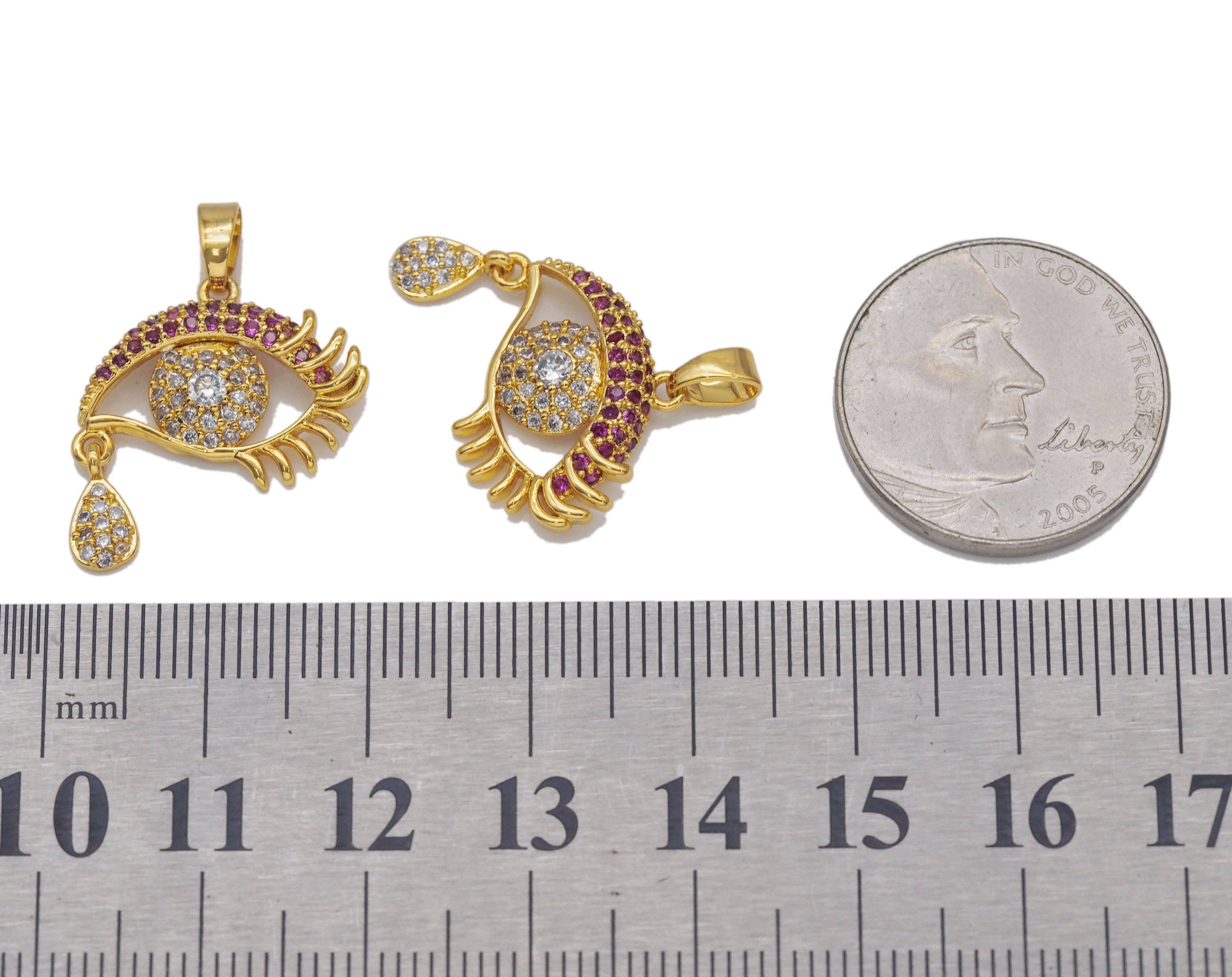 Gold Fuchsia CZ Evil Eye With Tear drop Charm, Sku#LD331