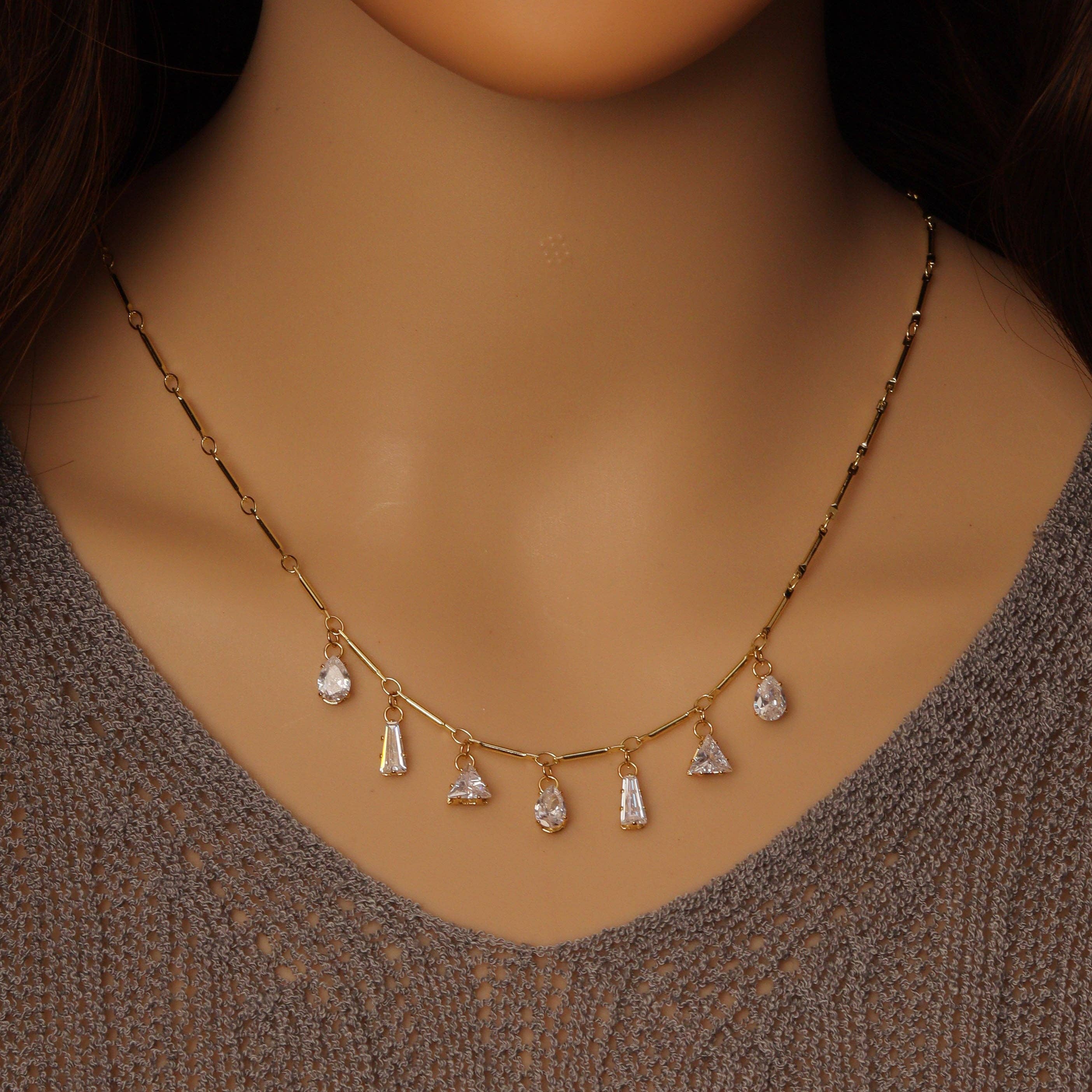 Dainty Bar Chain Teardrop Triangle Dangles Necklace, Sku#EF457