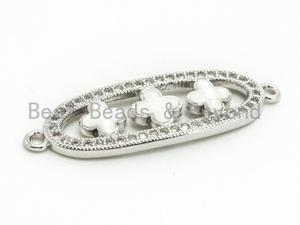 CZ Clear Micro Pave Four-leaf Beads On Oval Shaped Connector for Bracelet/Necklace, Cubic Zirconia Link Connector,10x32mm, 1pc, sku#Z35