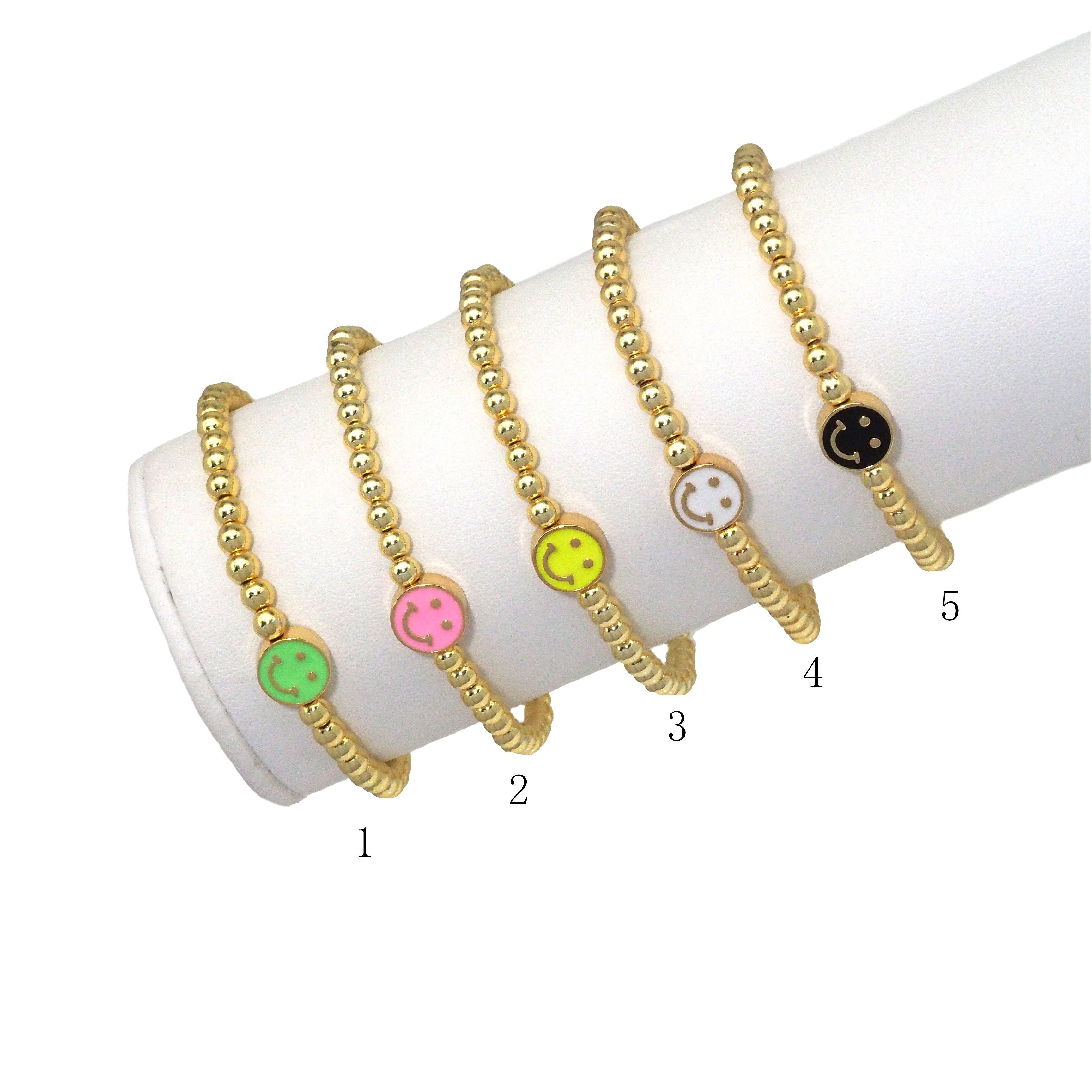 CZ Enamel Smiley Face Gold Hematite Bracelet, Sku#EF148