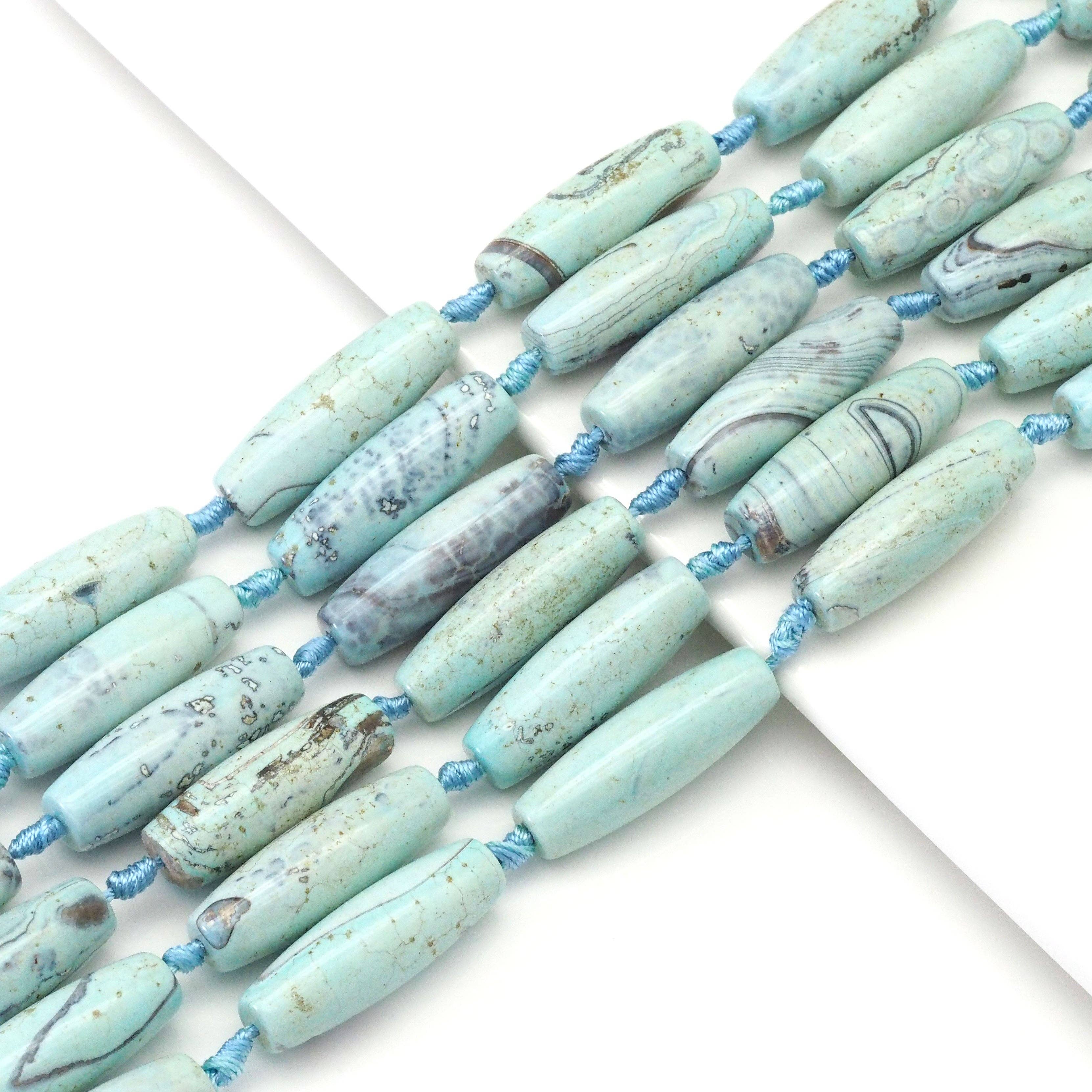 Planet Blue Barrel Shape Tibetan Agate Beads, 14x40mm Focal Beads, Sku#U1631
