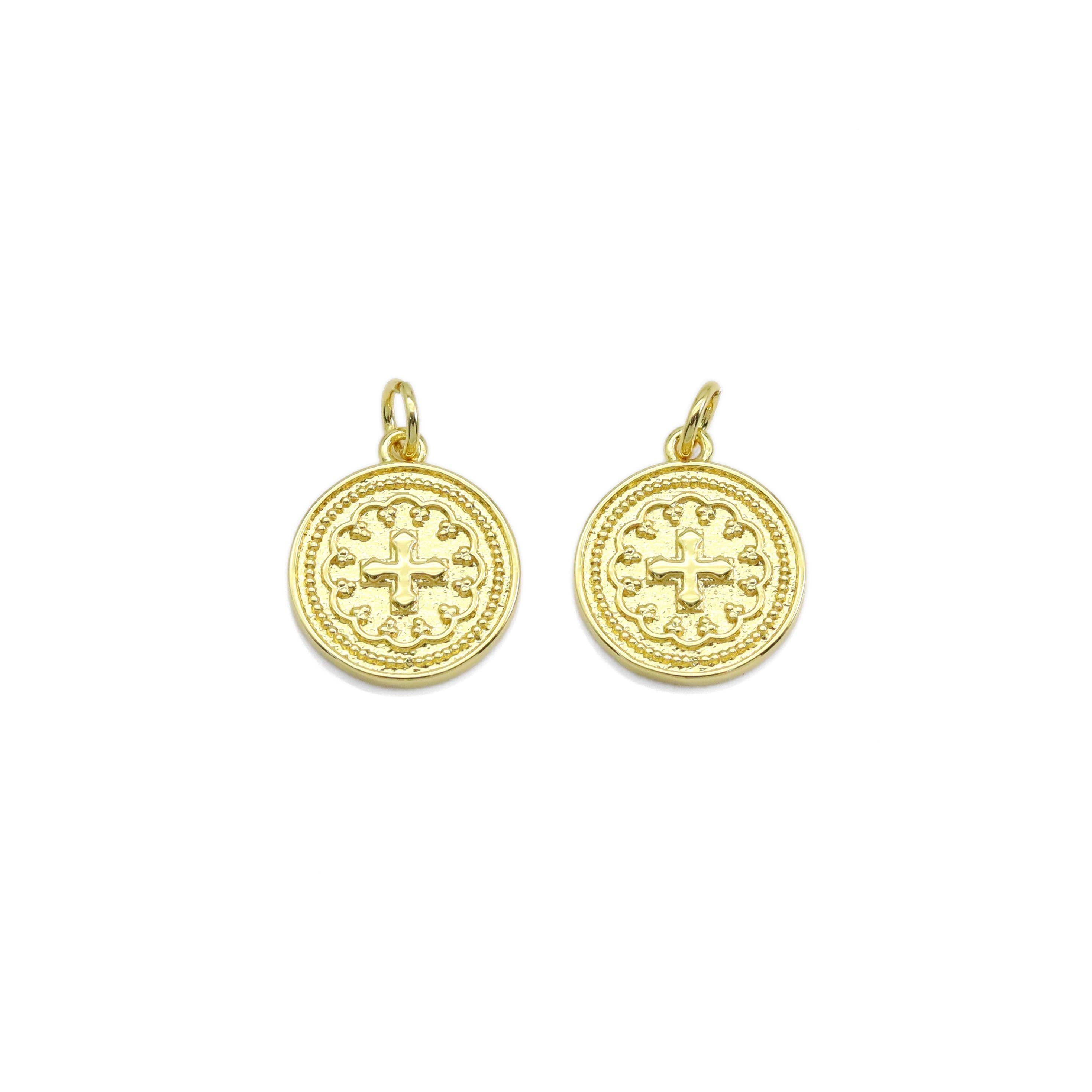 Embossment Cross Gold Medalla Charm, Sku#Z1476