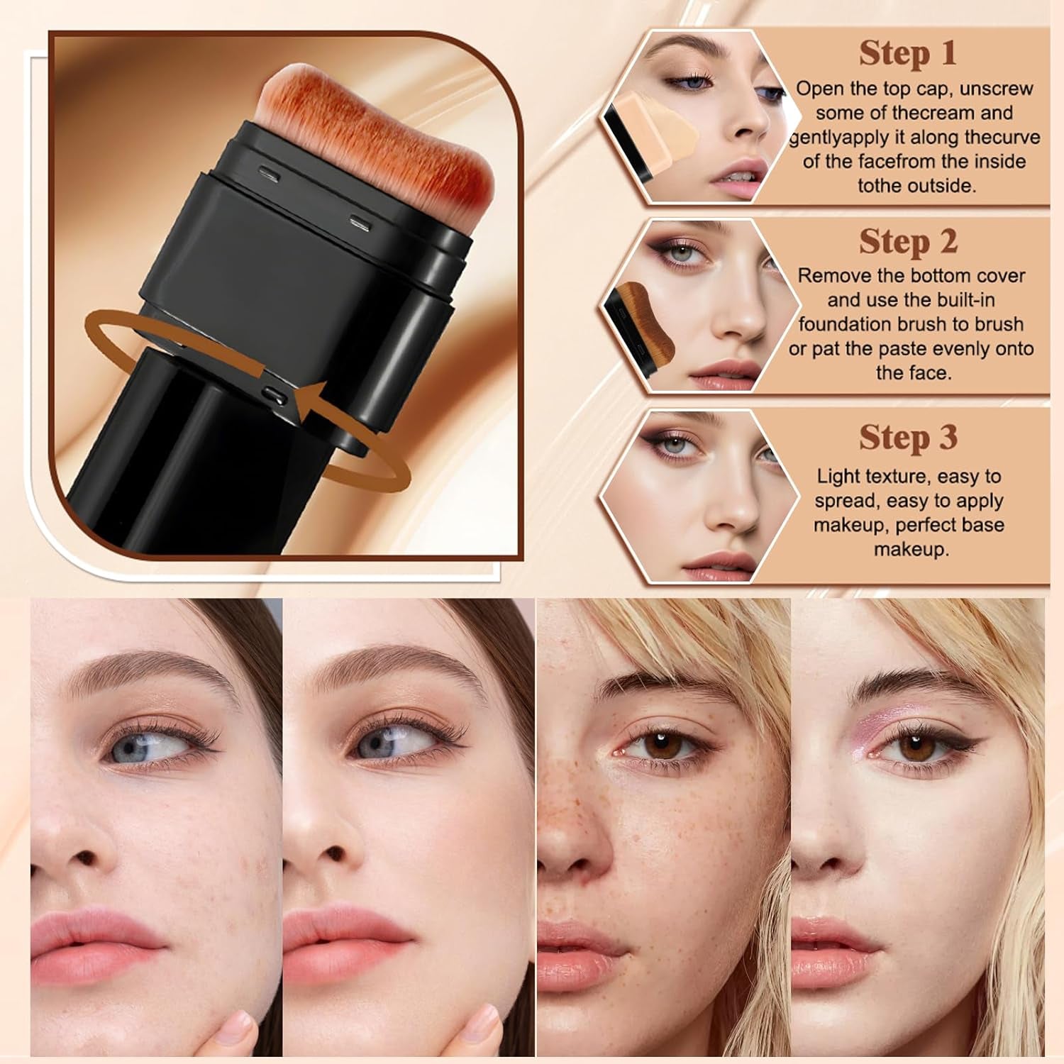 Foundation Stick, Dual-Ended with Brush, 2-In-1 Longwear & Waterproof, Natural Full Makeup Concealer Coverage for Dark Circles & Blemishes with Hydrating Olive & Camellia, 2.09 Oz (04#)