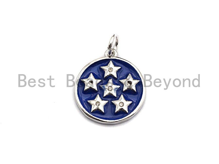 Blue Enamel Six Stars on Disc Coin Charms Pendant, Enamel Pendant,Round Enamel, Oil Drop jewelry Findings,16x20mm,sku#Z371