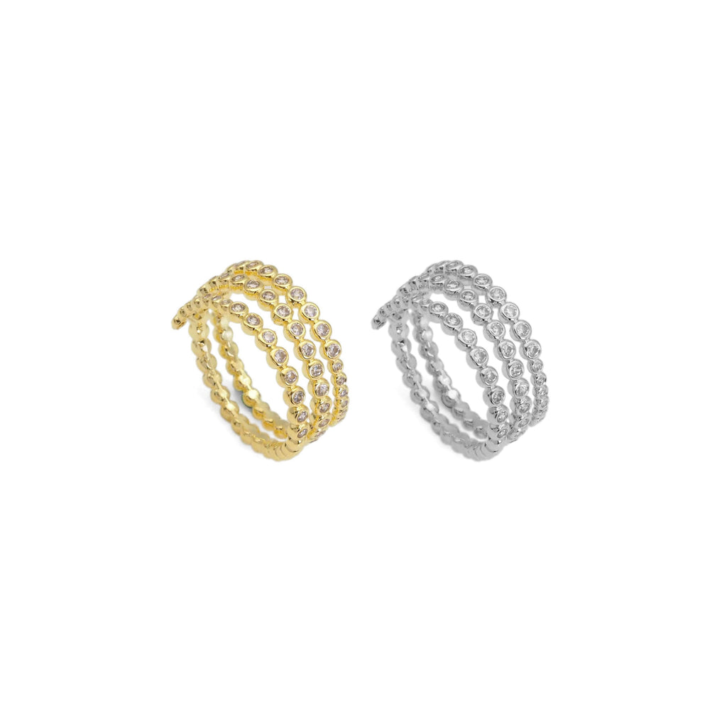 Gold Silver CZ Three Lines Wrap Adjustable Ring, Sku#LX377