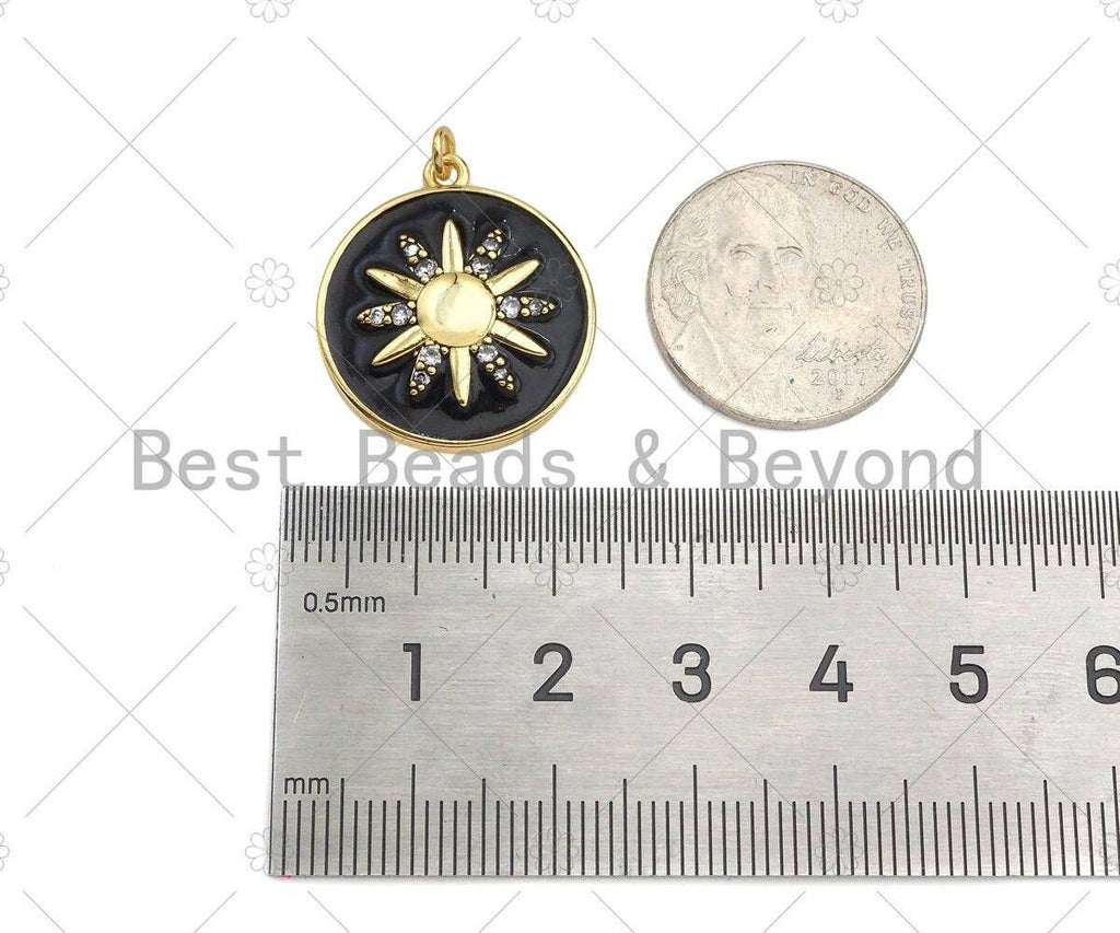 18K Gold Sunflower On Black White Enamel Round Coin Shape Pendant,CZ Micro Pave Enamel Medallion Charm, Enamel Jewelry, 24x21mm,Sku#B132