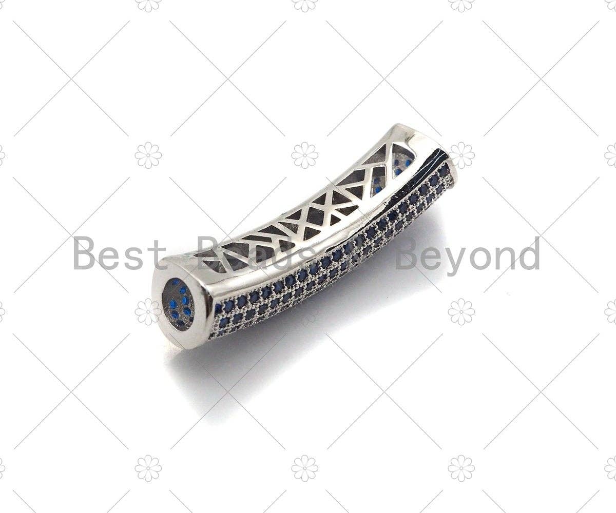Cobalt CZ Micro Pave Half Full Pave Tube for Bracelet/Necklace, CZ Spacer Tube in Silver/Gold/Rose Gold/Black, Tube Beads, 38x8mm,sku#ML13
