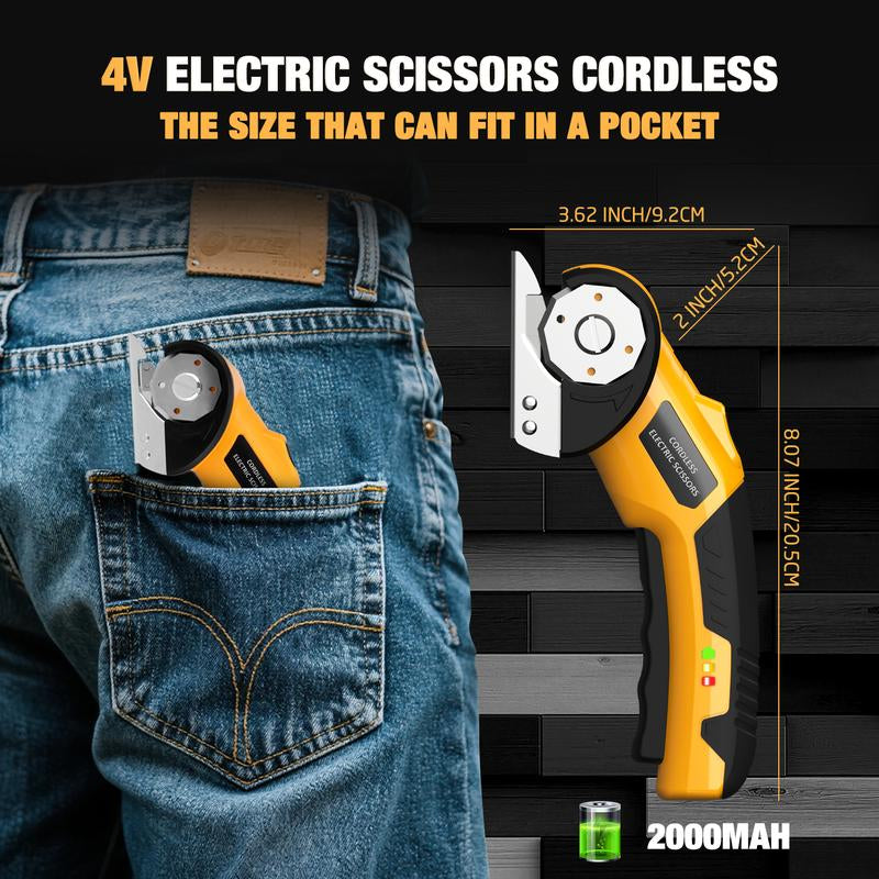Zeleki Cordless Electric Scissors 4V – Rechargeable Heavy Duty Cutter with Safety Lock, LED Light, Long Battery Life & 2 Extra Blades | Easy-To-Use Wireless Shears for Cardboard,  Packaging Yellow with Storage Bag