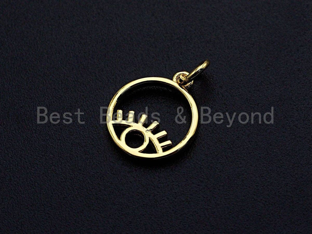 Evil Eye On Round Ring Pendant, Frame Ring Evil Eye Pendant, 24K Gold Tone, 12x15mm, Sku#Z762