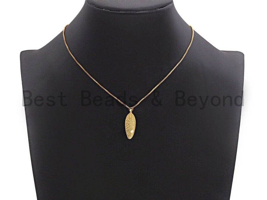 CZ Micro Pave Leaf With White Pearl Pendant,Cubic Zirconia Leaf Charm, Silver/Gold Pendant, 9x26mm, sku#Y215