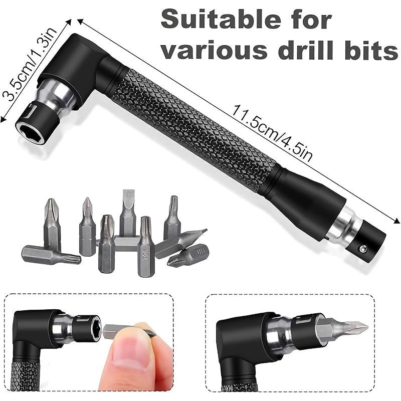 Right-Angle Drill Bit Accessory Set(6Pcs), Including 3X 360° Rotatable 1/4", 3/8" & 1/2" Impact-Grade Socket Adapters, 2X 105° Hex Shank Angle Adapters & 90° Right-Angle Drill Bit, Heavy-Duty Tool Kit