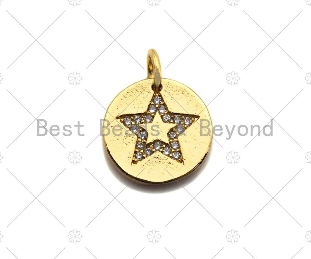 CZ Clear Micro Pave Five Point Star On Round Coin Pendant, Star Pave Pendant, Dainty Gold Coin Charm, 12mm, Sku#Z1140
