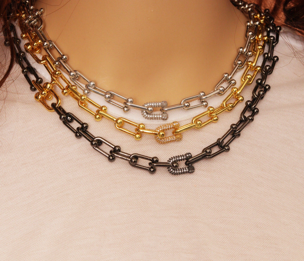U Shape Chain Necklace with/without CZ Link focal, Sku#EF183