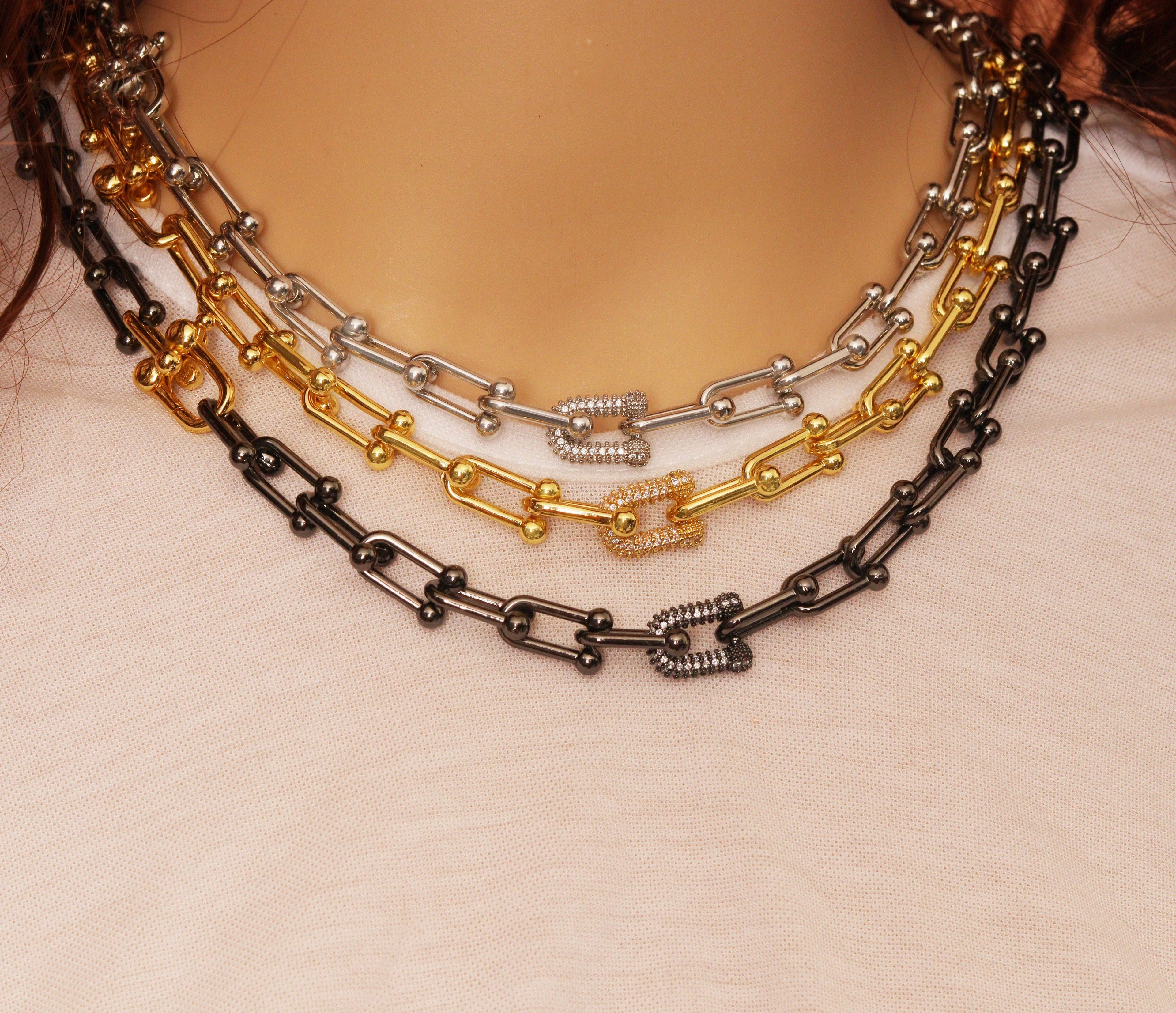 U Shape Chain Necklace with/without CZ Link focal, Sku#EF183