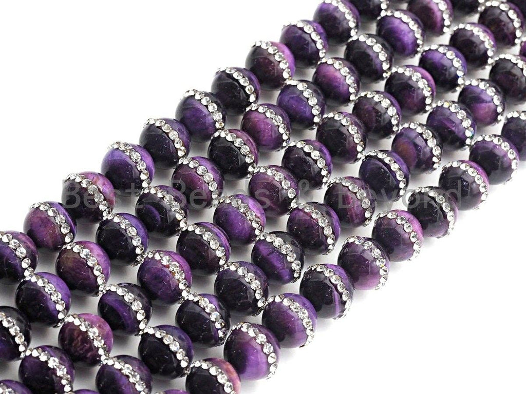High Quality Purple Tiger Eye with Rhinestone Inlaid, 6mm/8mm/10mm/12mmRound Tiger Eye Beads, 15.5'' Full Strand, SKU#V55
