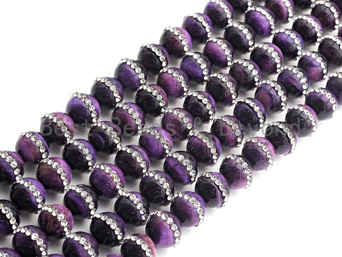 High Quality Purple Tiger Eye with Rhinestone Inlaid, 6mm/8mm/10mm/12mmRound Tiger Eye Beads, 15.5'' Full Strand, SKU#V55