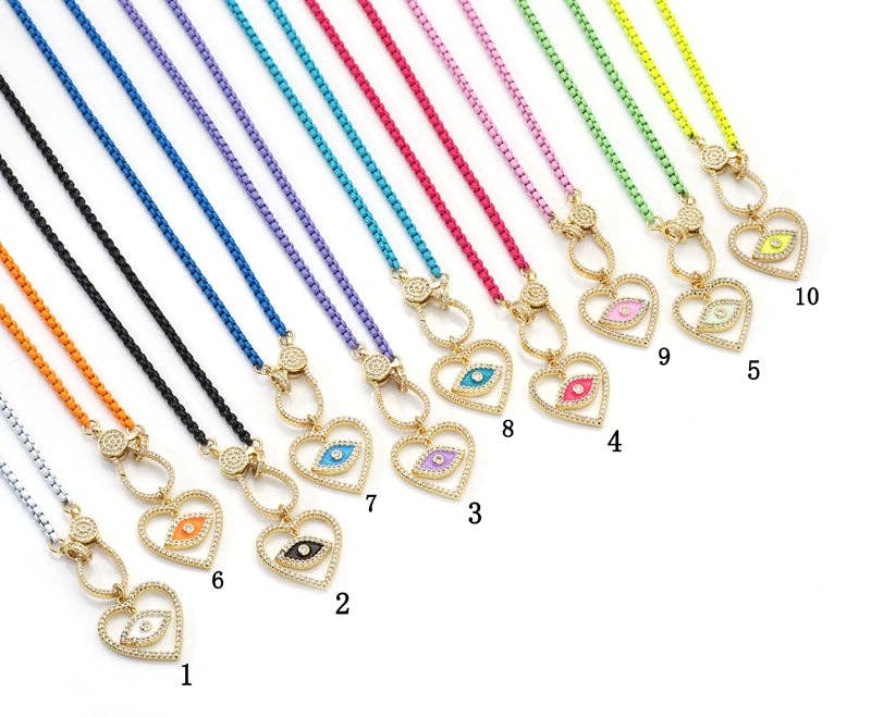 Colorful Enamel CZ Evil Eye Heart Chain Necklace, Sku#EF207