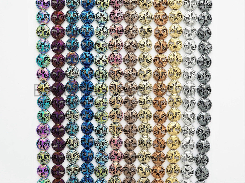 NEW Style Coin Shape Peace Tree Pattered Hematite 12mm Beads, Blue/Green/Rainbow Color Hematite, 15inch FULL Strand, SKU#U428