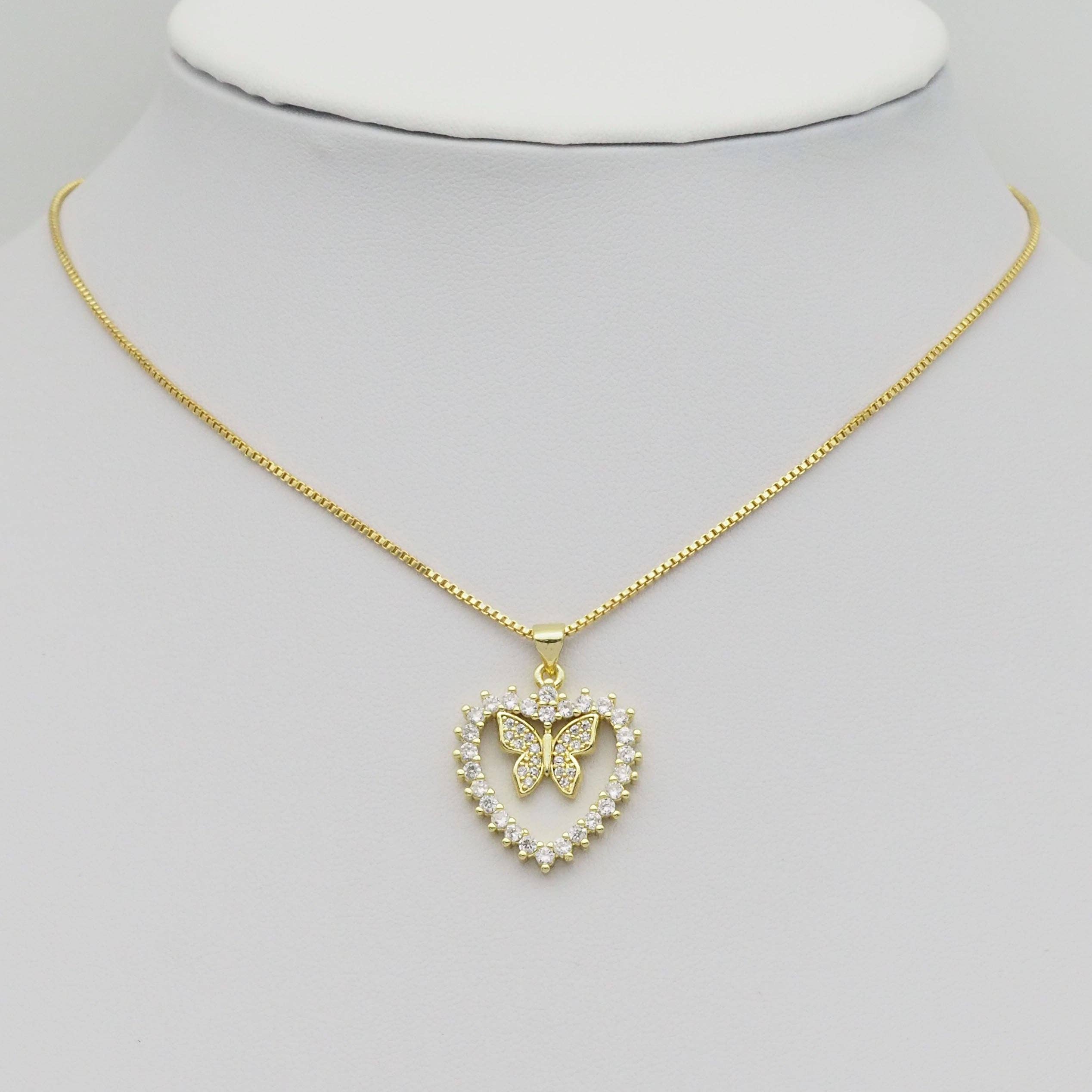 Gold CZ Butterfly On Heart Charm, Sku#LK880
