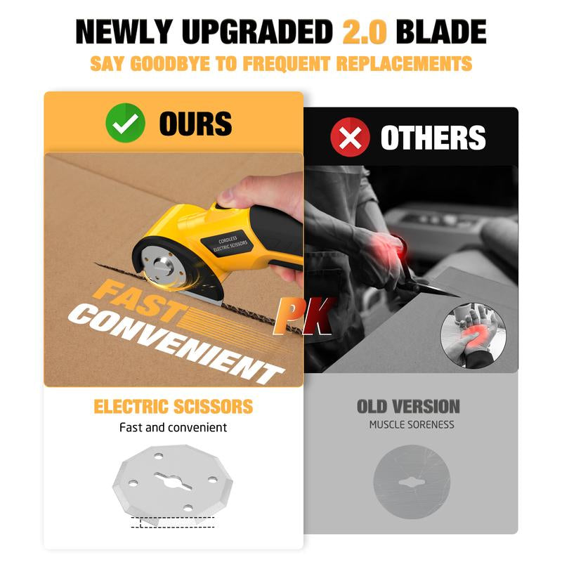 Zeleki Cordless Electric Scissors 4V – Rechargeable Heavy Duty Cutter with Safety Lock, LED Light, Long Battery Life & 2 Extra Blades | Easy-To-Use Wireless Shears for Cardboard,  Packaging Yellow with Storage Bag