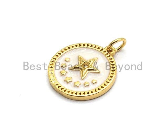 NEW DESIGN CZ Pave Enamel Star on Round Pendant, Star Enamel Charm Pendant,Enamel Round Pendant, Oil Drop jewelry Findings, 16x18mm,sku#Z251