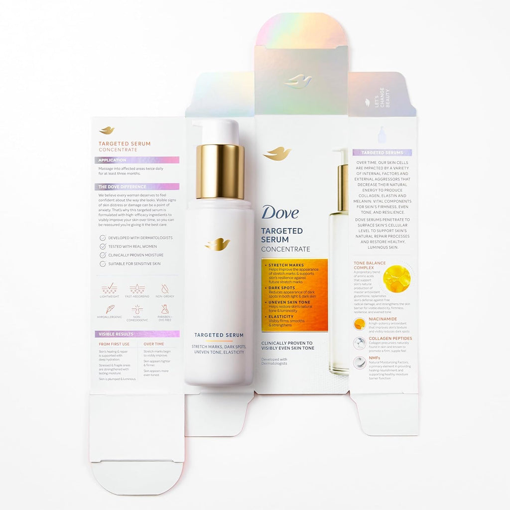 Sérum multi-usages Dove Targeted pour les vergetures, les taches brunes, le teint irrégulier et l'élasticité, avec complexe Tone Balance, niacinamide, peptides de collagène et facteurs naturels d'hydratation, 90 ml