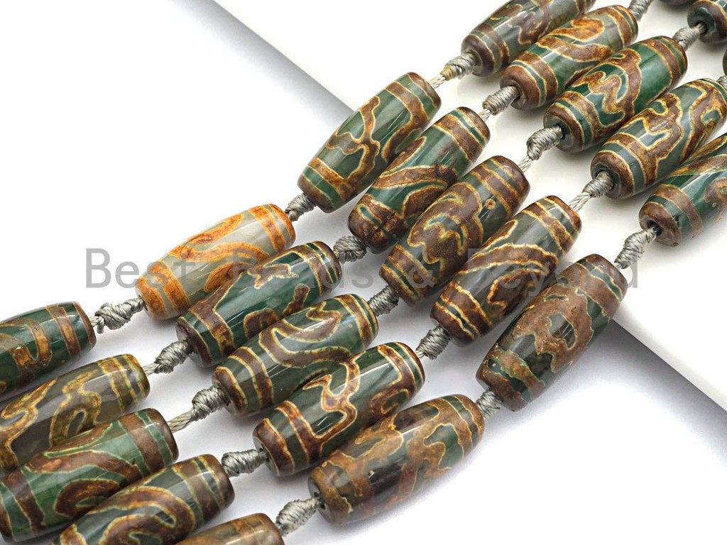 1pc/10pcs Natural Tibetan Agate Beads, Yellow Green Tibetan Long Oval Shape Beads, Dzi Agate Beads, 12x30mm, sku#U543