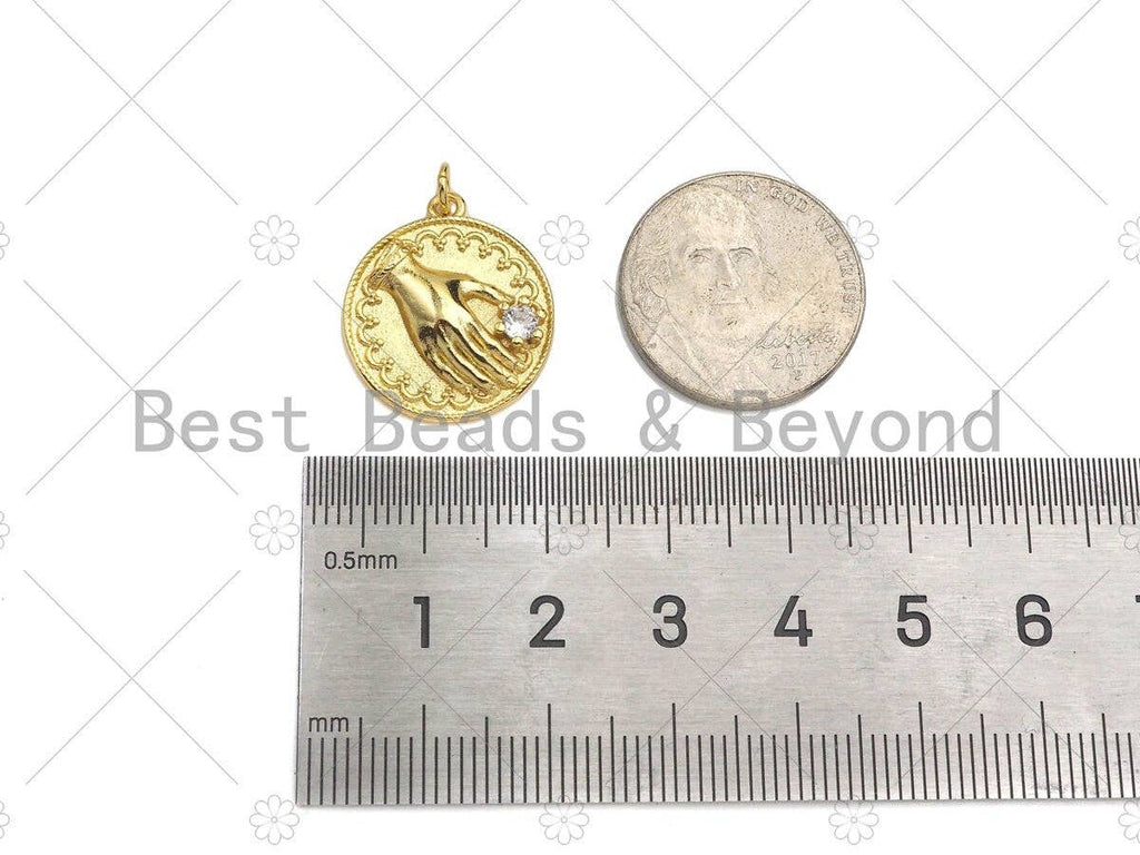 Gold Filled CZ Micro Pave Hand On Round Coin Shape Pendant, 18K Gold Filled Medallion Charm, Necklace Bracelet Charm, 20x18mm,Sku#Z1351
