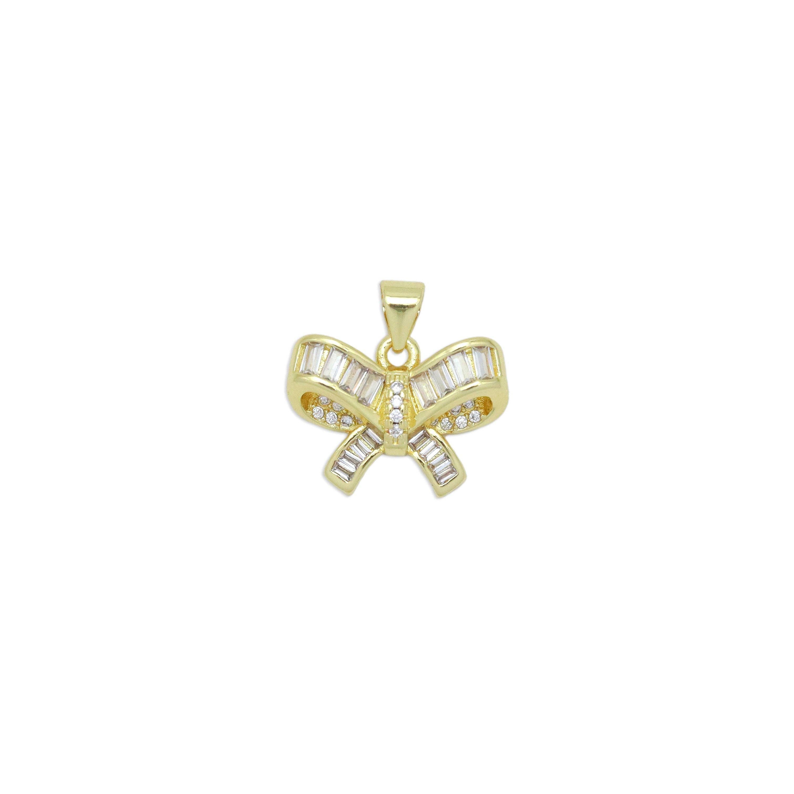 Clear Baguette CZ Gold Bowknot Charm Pendant, Sku#LK971